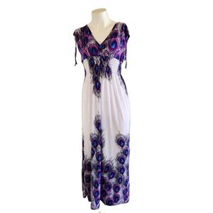 Hots wing women's maxi peacock feather full length summer dress white purple NWT